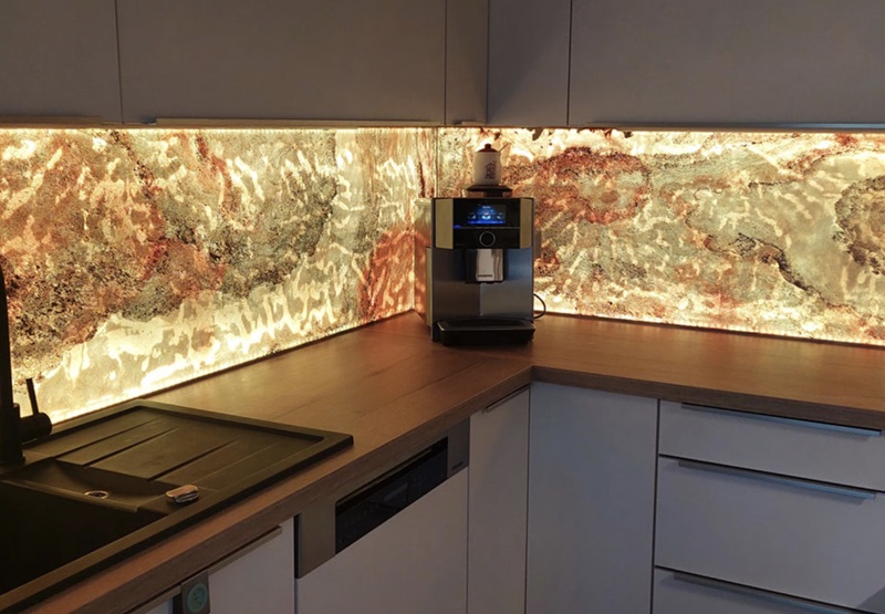 Flexible LED light sheet backlighting for a translucent stone kitchen backsplash
